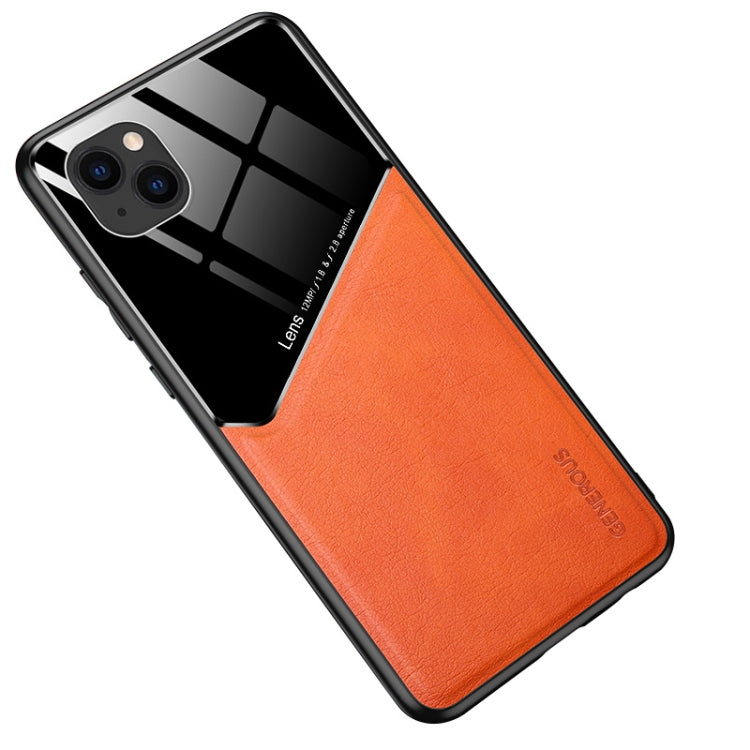 For iPhone 13 All-inclusive Leather + Organic Glass Protective Case with Metal Iron Sheet
