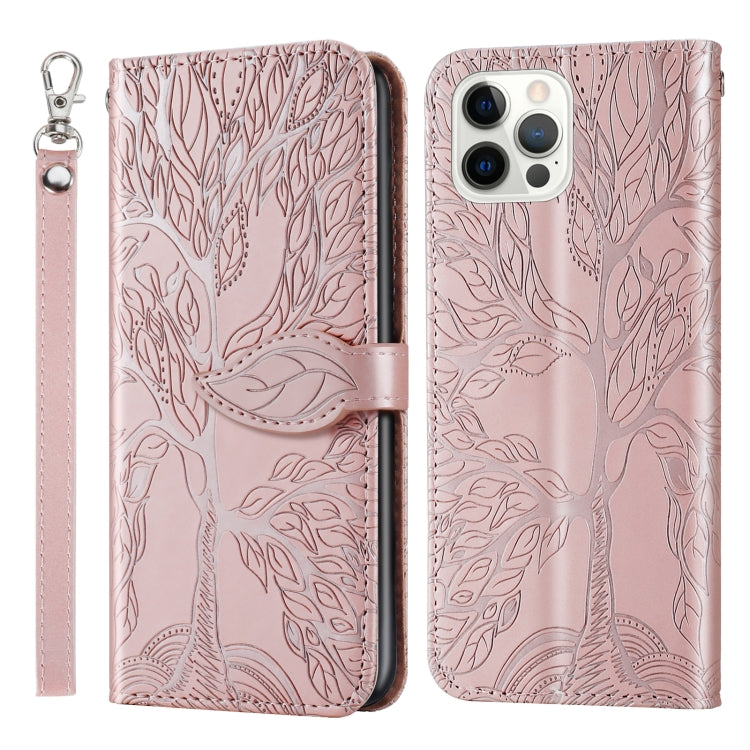 For iPhone 13 Pro Max Life of Tree Embossing Pattern Horizontal Flip Leather Case with Holder & Card Slot & Wallet & Photo Frame & Lanyard