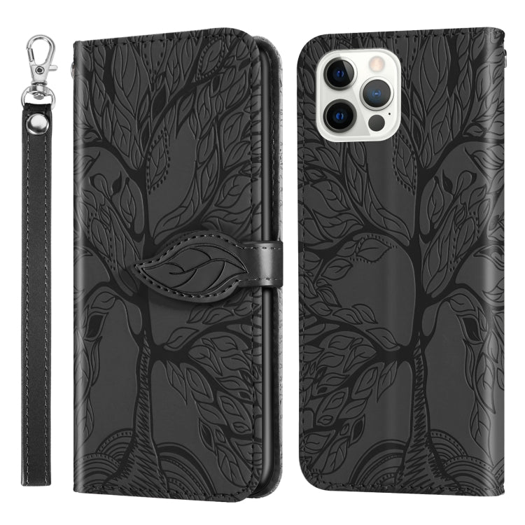 For iPhone 13 Pro Max Life of Tree Embossing Pattern Horizontal Flip Leather Case with Holder & Card Slot & Wallet & Photo Frame & Lanyard