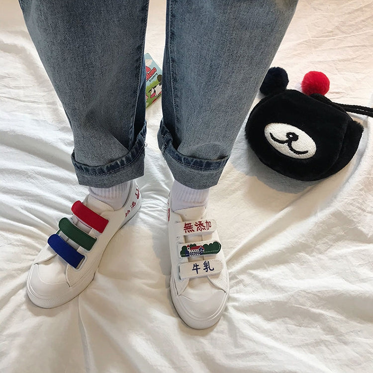 Street Snap Canvas Shoes Milk Graffiti Hook and Loop Fasteners White Shoes, Size:36(White)