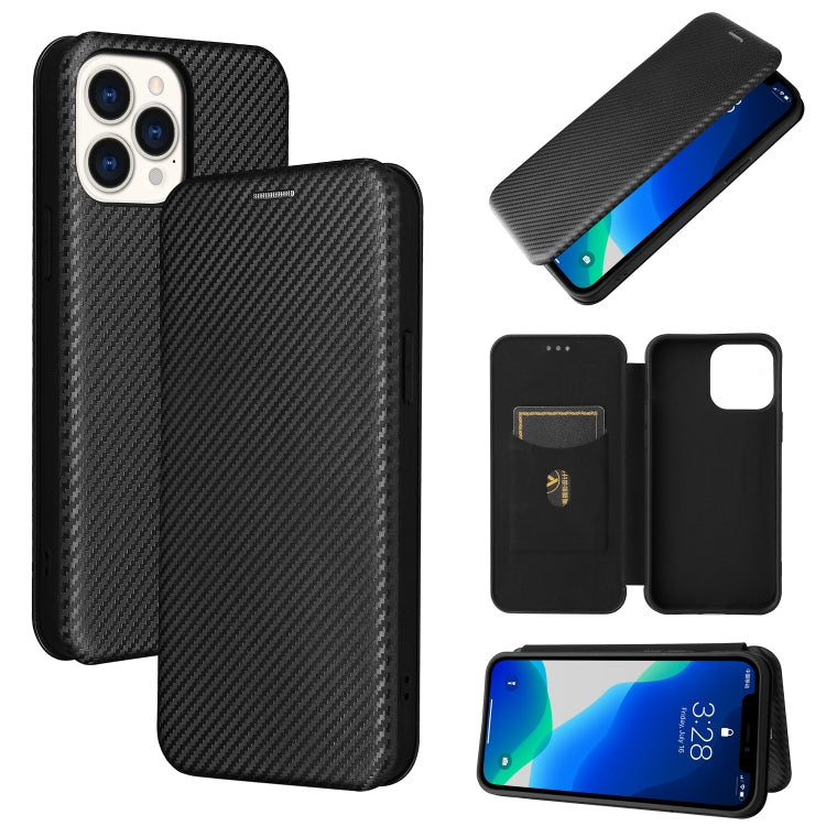 For iPhone 13 Pro Max Carbon Fiber Texture Horizontal Flip TPU + PC + PU Leather Case with Card Slot