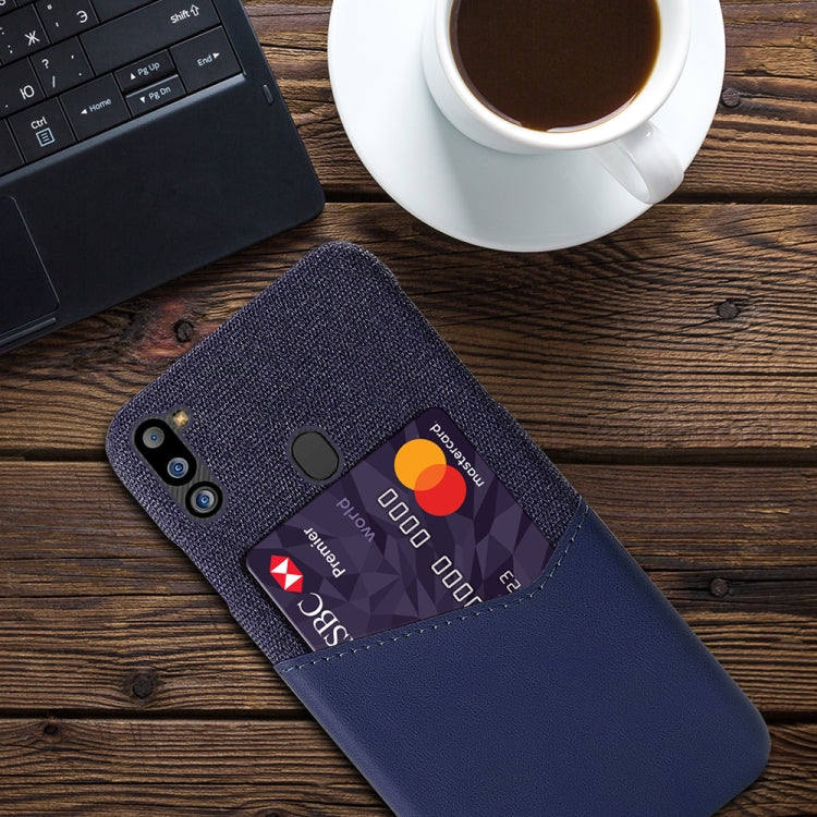 For Samsung Galaxy M21 2021 Cloth Texture PC + PU Leather Back Cover Shockproof Case with Card Slot