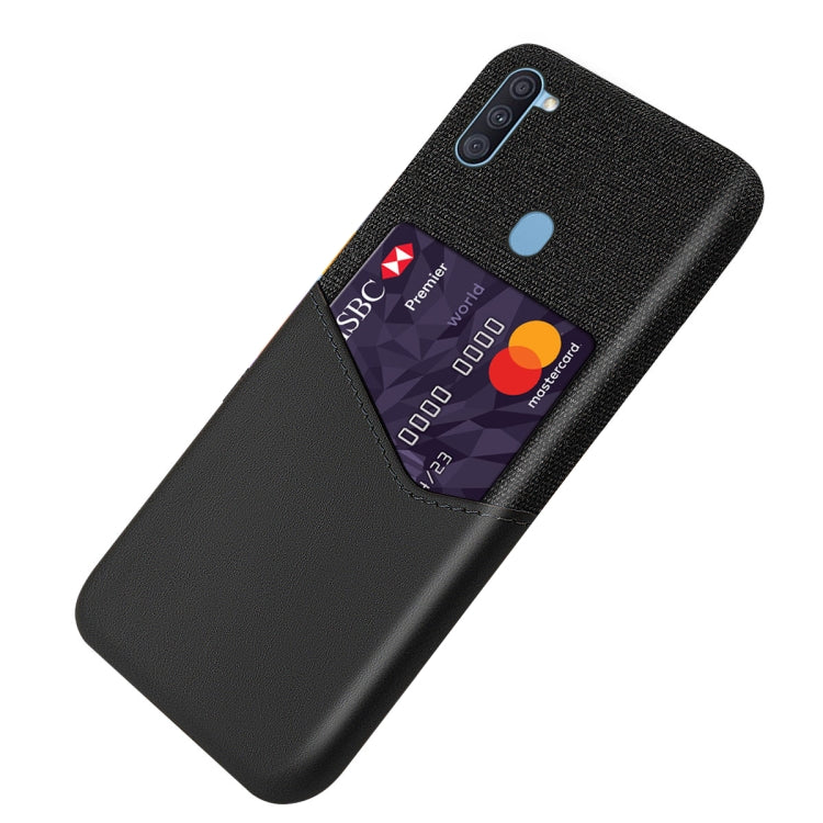 For Samsung Galaxy A11 Cloth Texture PC + PU Leather Back Cover Shockproof Case with Card Slot