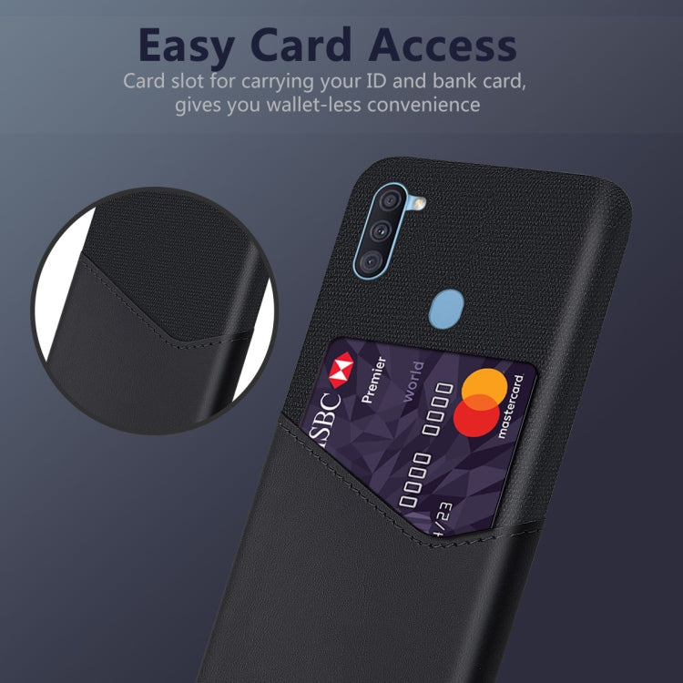 For Samsung Galaxy A11 Cloth Texture PC + PU Leather Back Cover Shockproof Case with Card Slot