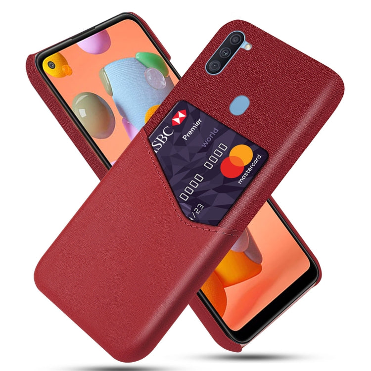 For Samsung Galaxy A11 Cloth Texture PC + PU Leather Back Cover Shockproof Case with Card Slot