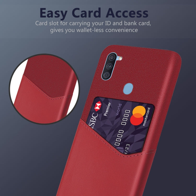 For Samsung Galaxy A11 Cloth Texture PC + PU Leather Back Cover Shockproof Case with Card Slot