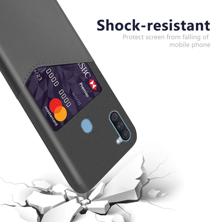 For Samsung Galaxy A11 Cloth Texture PC + PU Leather Back Cover Shockproof Case with Card Slot