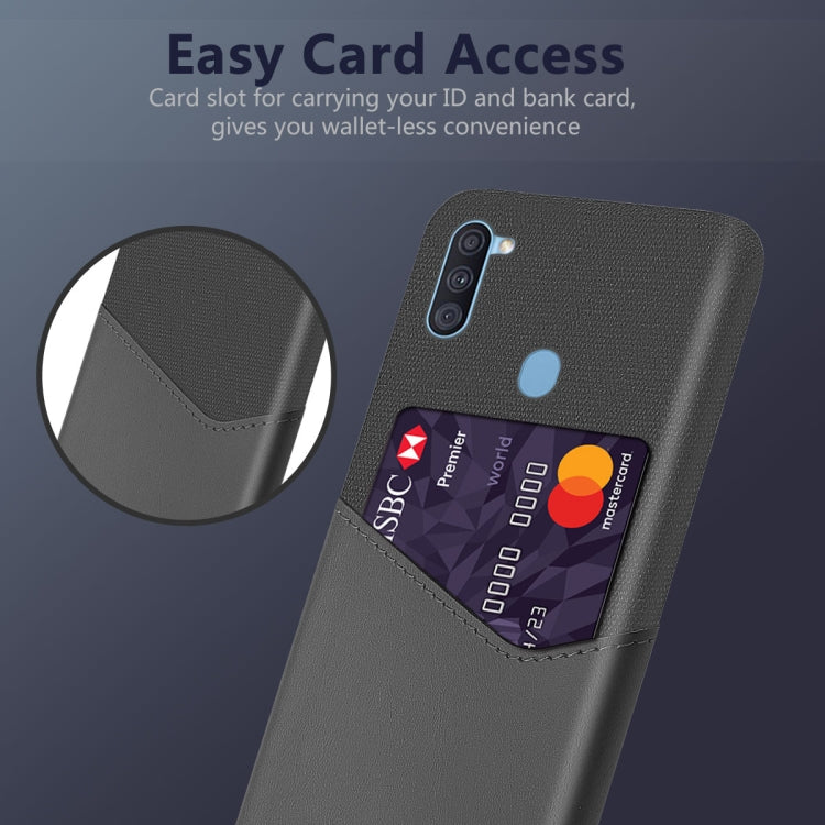 For Samsung Galaxy A11 Cloth Texture PC + PU Leather Back Cover Shockproof Case with Card Slot