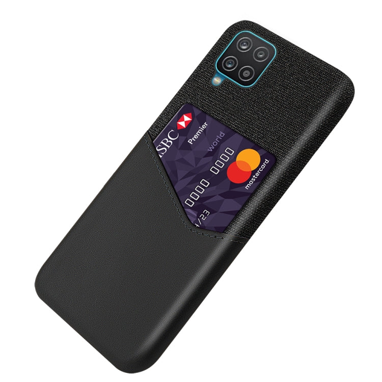 For Samsung Galaxy A12 Cloth Texture PC + PU Leather Back Cover Shockproof Case with Card Slot