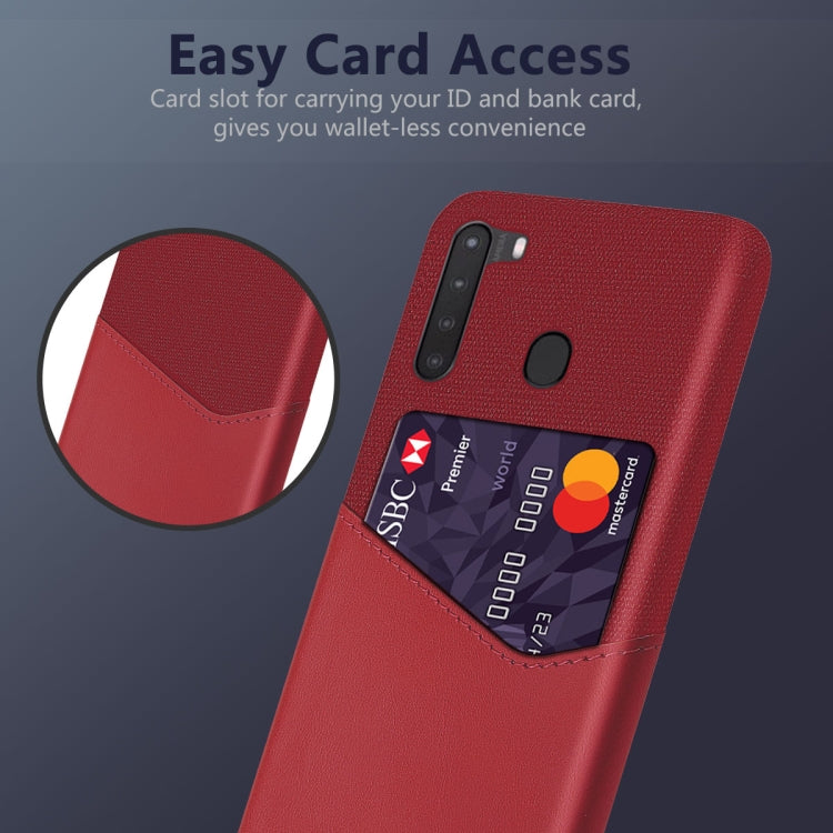 For Samsung Galaxy A21 Cloth Texture PC + PU Leather Back Cover Shockproof Case with Card Slot