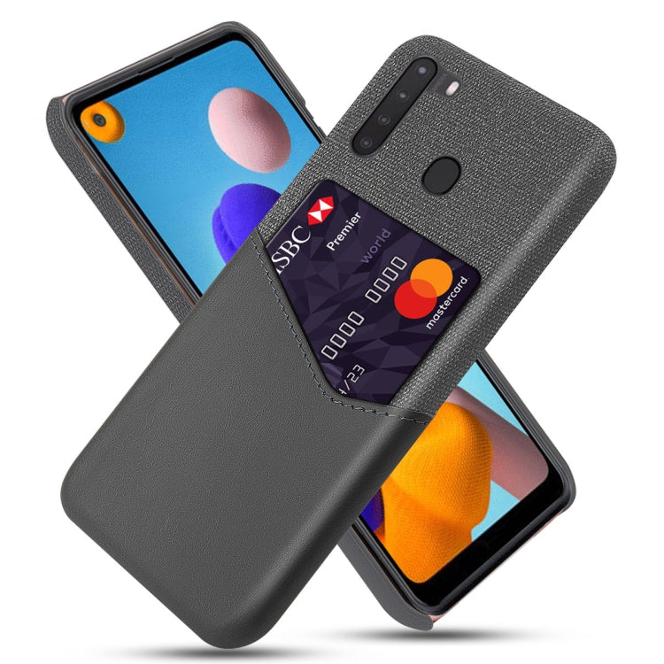 For Samsung Galaxy A21 Cloth Texture PC + PU Leather Back Cover Shockproof Case with Card Slot