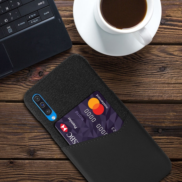 For Samsung Galaxy A50 Cloth Texture PC + PU Leather Back Cover Shockproof Case with Card Slot