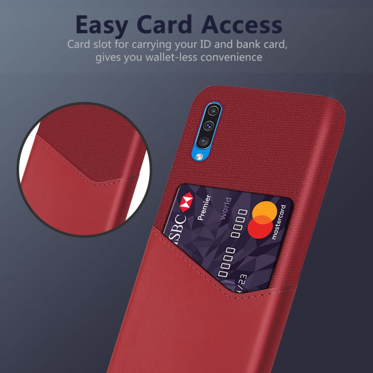 For Samsung Galaxy A50 Cloth Texture PC + PU Leather Back Cover Shockproof Case with Card Slot