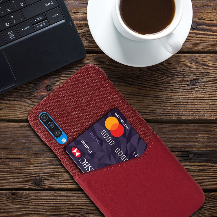 For Samsung Galaxy A50 Cloth Texture PC + PU Leather Back Cover Shockproof Case with Card Slot
