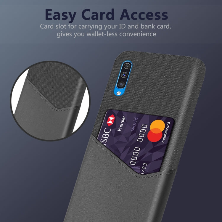For Samsung Galaxy A50 Cloth Texture PC + PU Leather Back Cover Shockproof Case with Card Slot