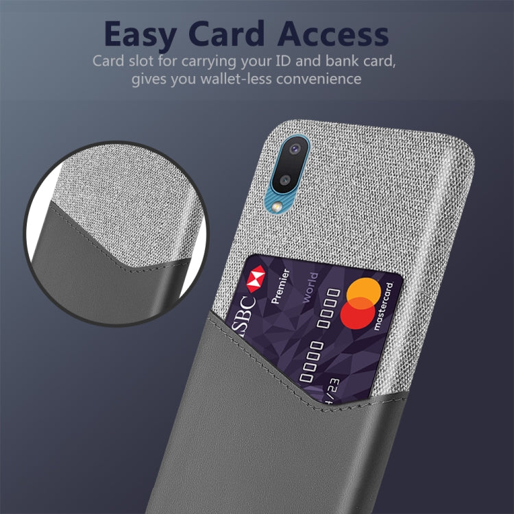 For Samsung Galaxy M02 Cloth Texture PC + PU Leather Back Cover Shockproof Case with Card Slot