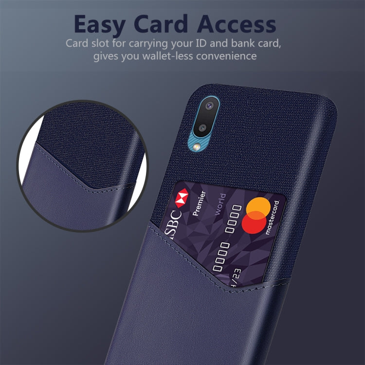 For Samsung Galaxy M02 Cloth Texture PC + PU Leather Back Cover Shockproof Case with Card Slot