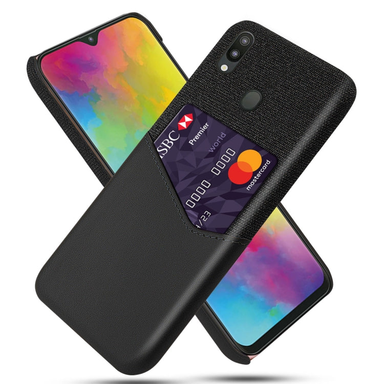 For Samsung Galaxy M20 Cloth Texture PC + PU Leather Back Cover Shockproof Case with Card Slot