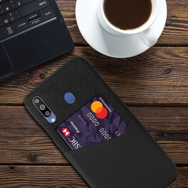 For Samsung Galaxy M30 Cloth Texture PC + PU Leather Back Cover Shockproof Case with Card Slot