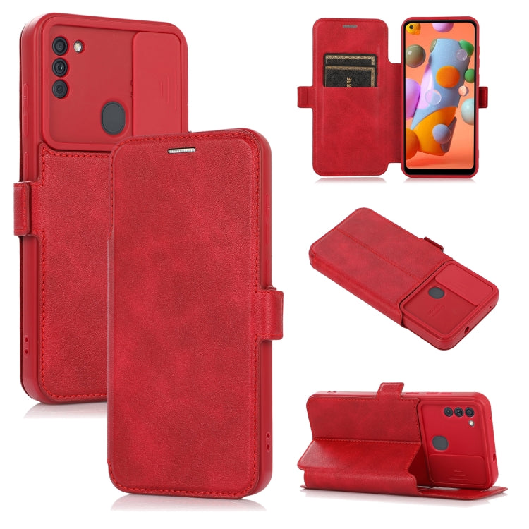 Push Window Double Buckle PU + Silicone Horizontal Flip Leather Case with Holder & Card Slot For Samsung Galaxy A11