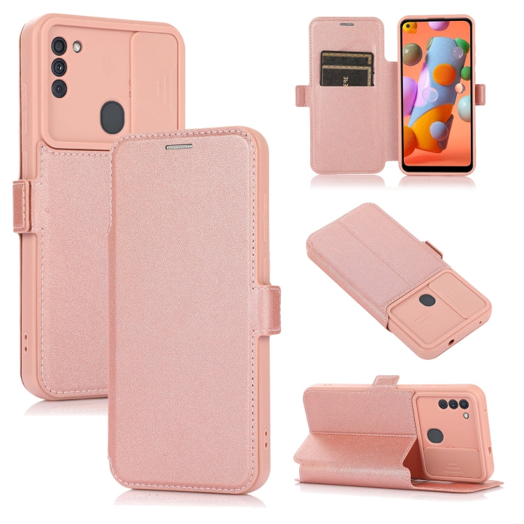 Push Window Double Buckle PU + Silicone Horizontal Flip Leather Case with Holder & Card Slot For Samsung Galaxy A11