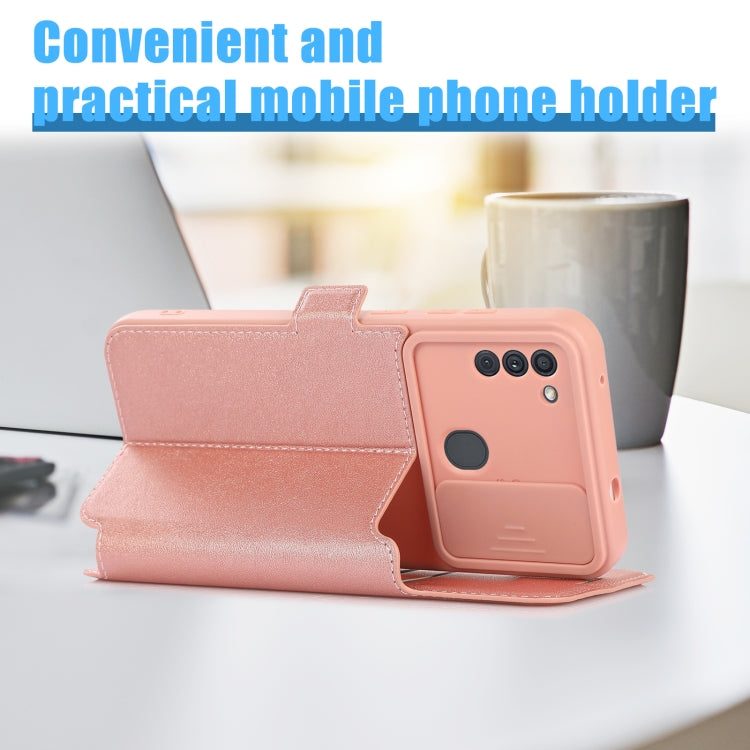 Push Window Double Buckle PU + Silicone Horizontal Flip Leather Case with Holder & Card Slot For Samsung Galaxy A11