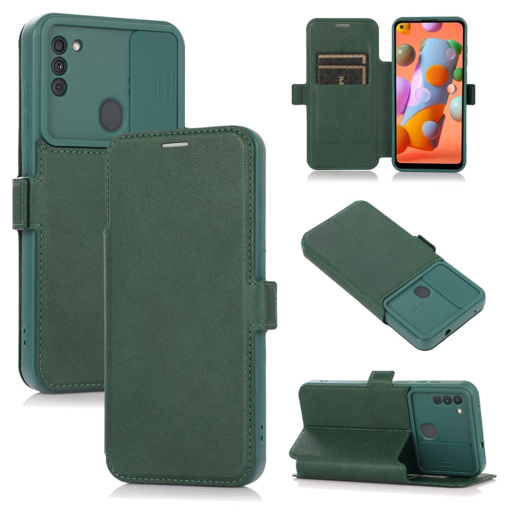 Push Window Double Buckle PU + Silicone Horizontal Flip Leather Case with Holder & Card Slot For Samsung Galaxy A11