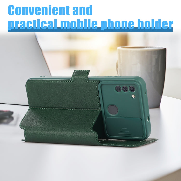 Push Window Double Buckle PU + Silicone Horizontal Flip Leather Case with Holder & Card Slot For Samsung Galaxy A11