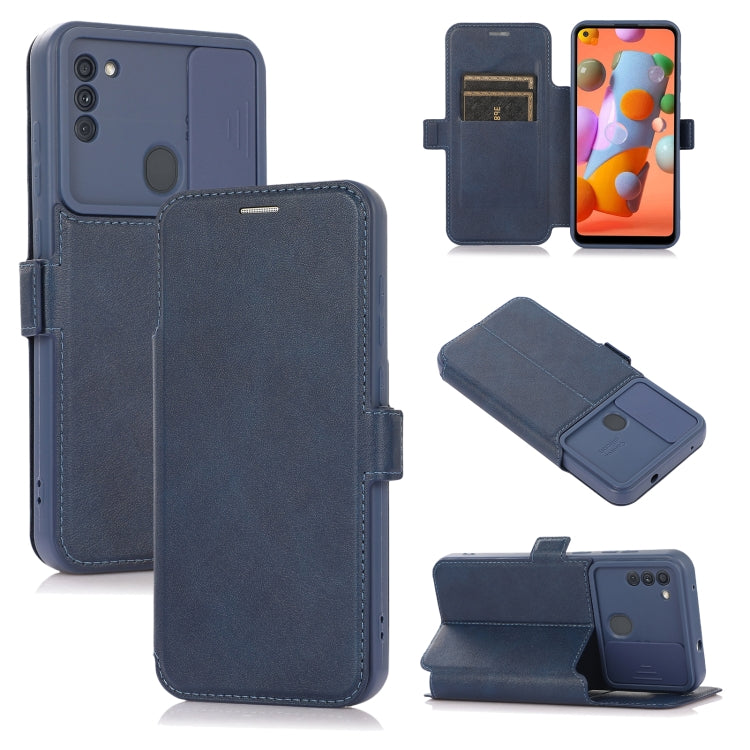 Push Window Double Buckle PU + Silicone Horizontal Flip Leather Case with Holder & Card Slot For Samsung Galaxy A11