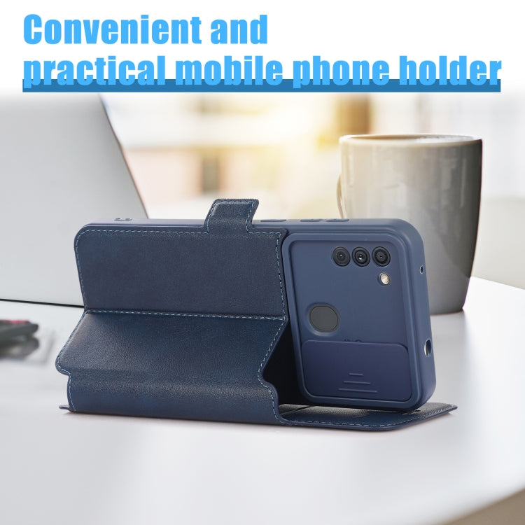 Push Window Double Buckle PU + Silicone Horizontal Flip Leather Case with Holder & Card Slot For Samsung Galaxy A11