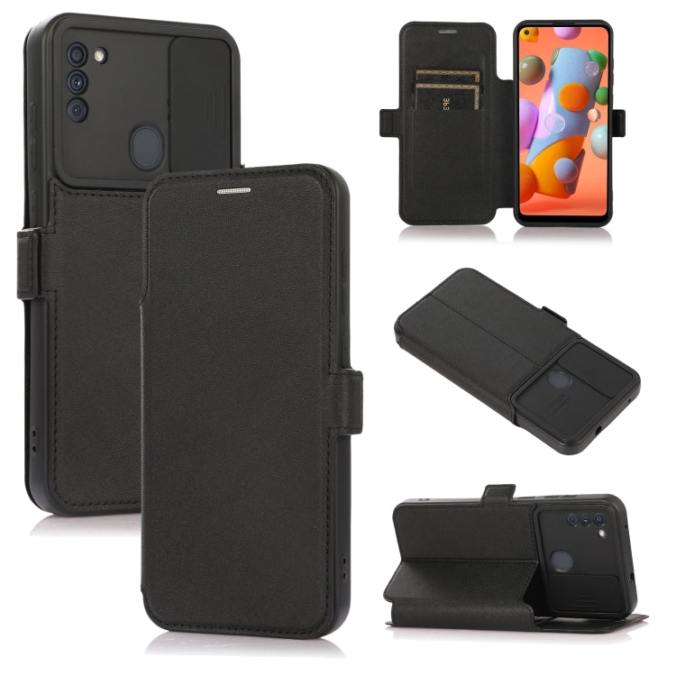 Push Window Double Buckle PU + Silicone Horizontal Flip Leather Case with Holder & Card Slot For Samsung Galaxy A11