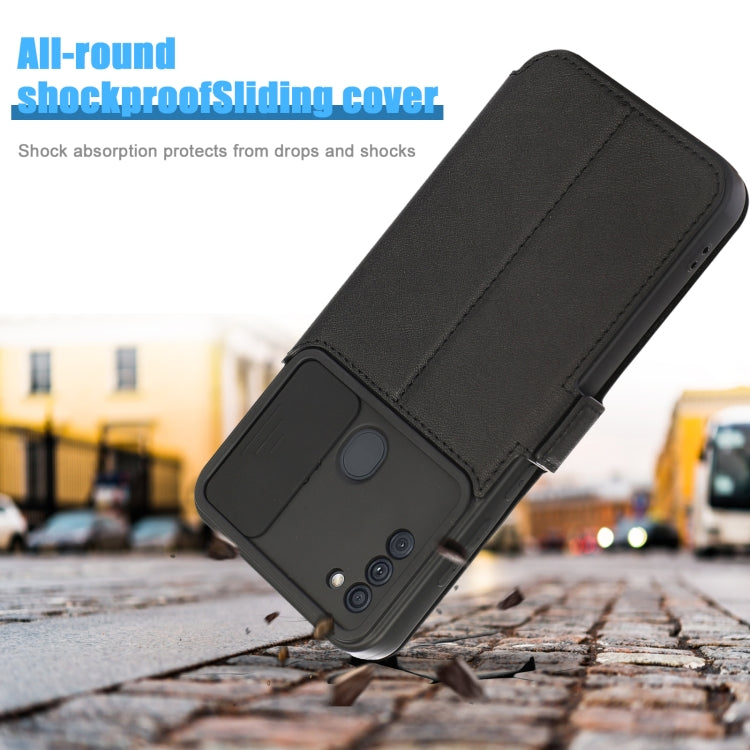 Push Window Double Buckle PU + Silicone Horizontal Flip Leather Case with Holder & Card Slot For Samsung Galaxy A11