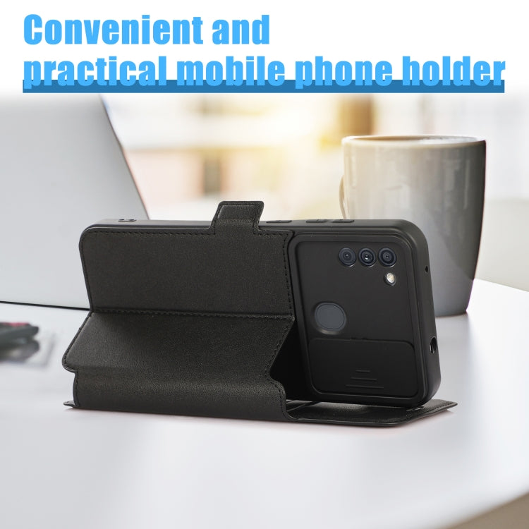 Push Window Double Buckle PU + Silicone Horizontal Flip Leather Case with Holder & Card Slot For Samsung Galaxy A11