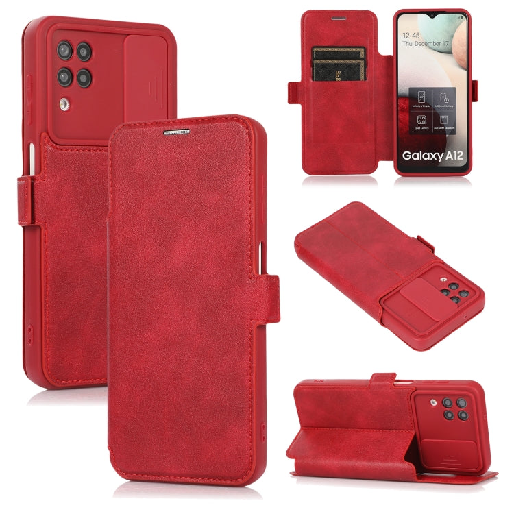 Push Window Double Buckle PU + Silicone Horizontal Flip Leather Case with Holder & Card Slot For Samsung Galaxy A12