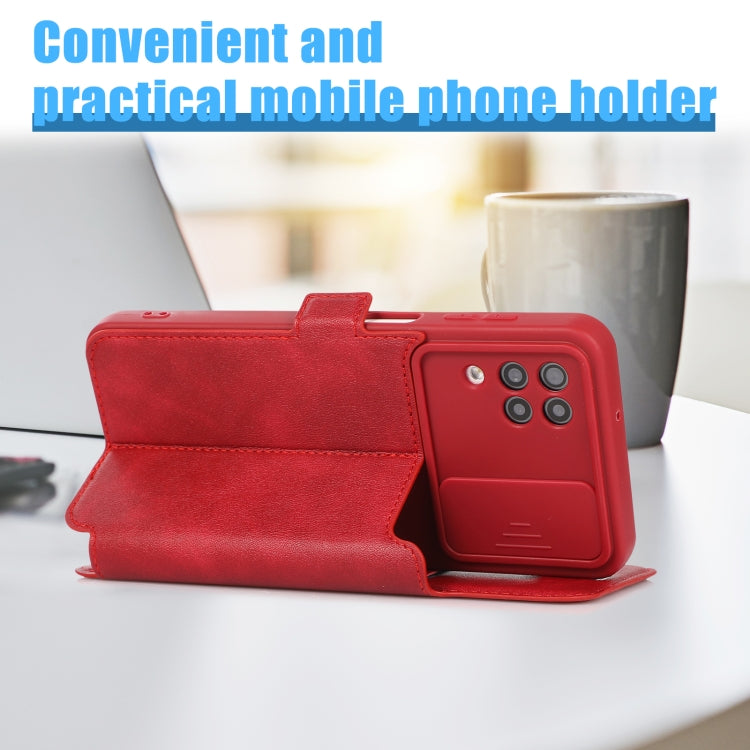 Push Window Double Buckle PU + Silicone Horizontal Flip Leather Case with Holder & Card Slot For Samsung Galaxy A12