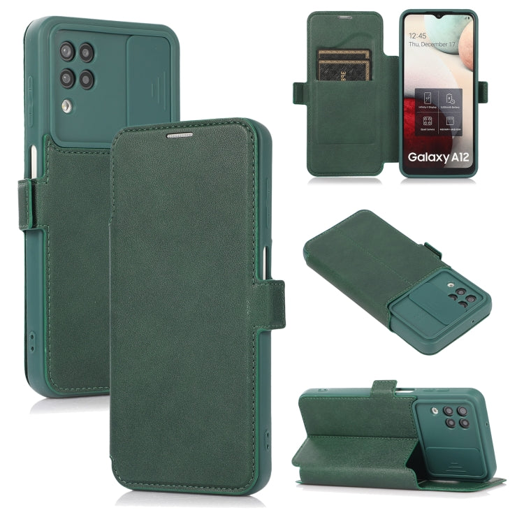 Push Window Double Buckle PU + Silicone Horizontal Flip Leather Case with Holder & Card Slot For Samsung Galaxy A12