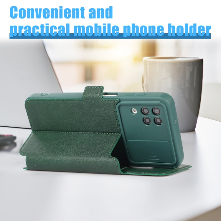 Push Window Double Buckle PU + Silicone Horizontal Flip Leather Case with Holder & Card Slot For Samsung Galaxy A12