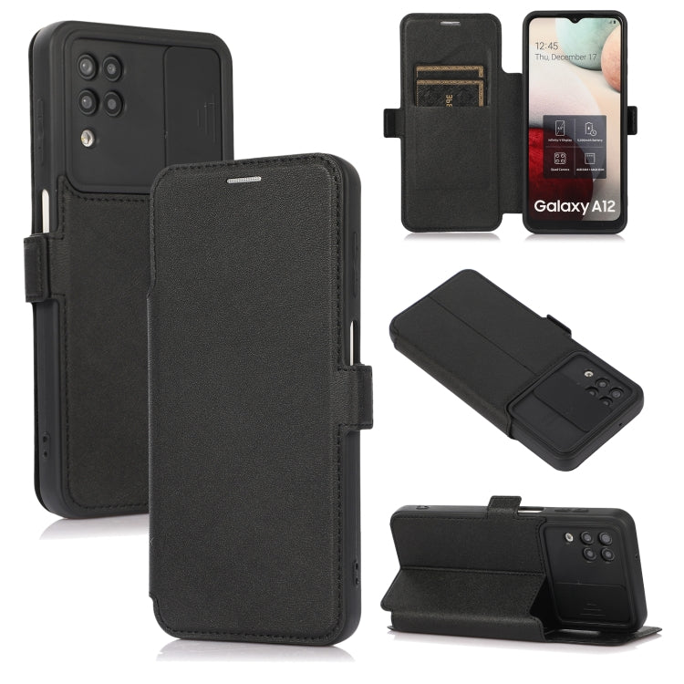 Push Window Double Buckle PU + Silicone Horizontal Flip Leather Case with Holder & Card Slot For Samsung Galaxy A12