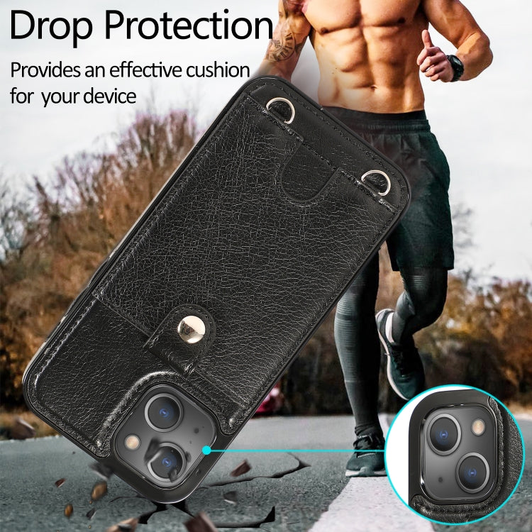 For iPhone 13 Shockproof PU Leather + TPU Protective Case with Card Slot & Lanyard