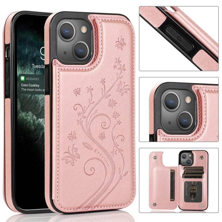 For iPhone 13 mini Butterflies Flowers Double Buckle PU + TPU Protective Case with Holder & Card Slots & Photo Frame