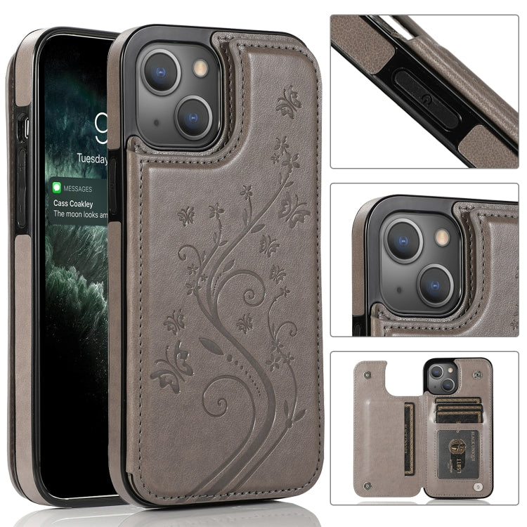 For iPhone 13 Butterflies Flowers Double Buckle PU + TPU Protective Case with Holder & Card Slots & Photo Frame
