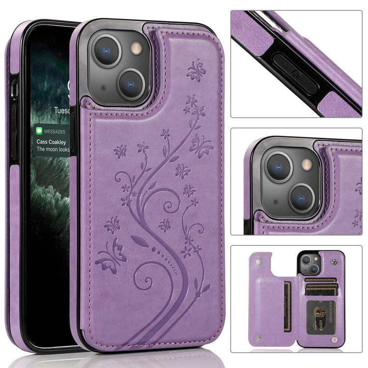 For iPhone 13 Butterflies Flowers Double Buckle PU + TPU Protective Case with Holder & Card Slots & Photo Frame