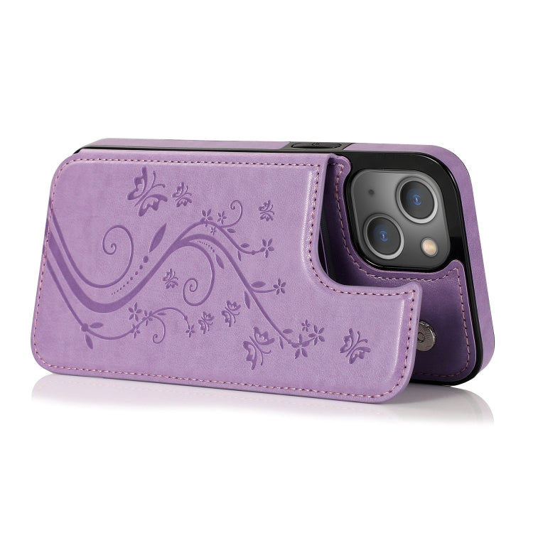 For iPhone 13 Butterflies Flowers Double Buckle PU + TPU Protective Case with Holder & Card Slots & Photo Frame