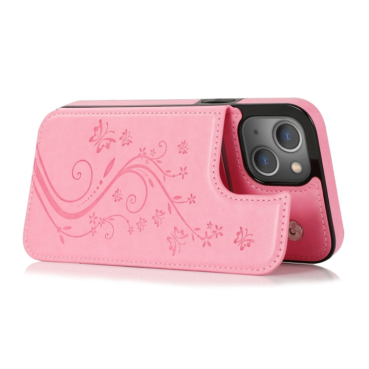 For iPhone 13 Butterflies Flowers Double Buckle PU + TPU Protective Case with Holder & Card Slots & Photo Frame