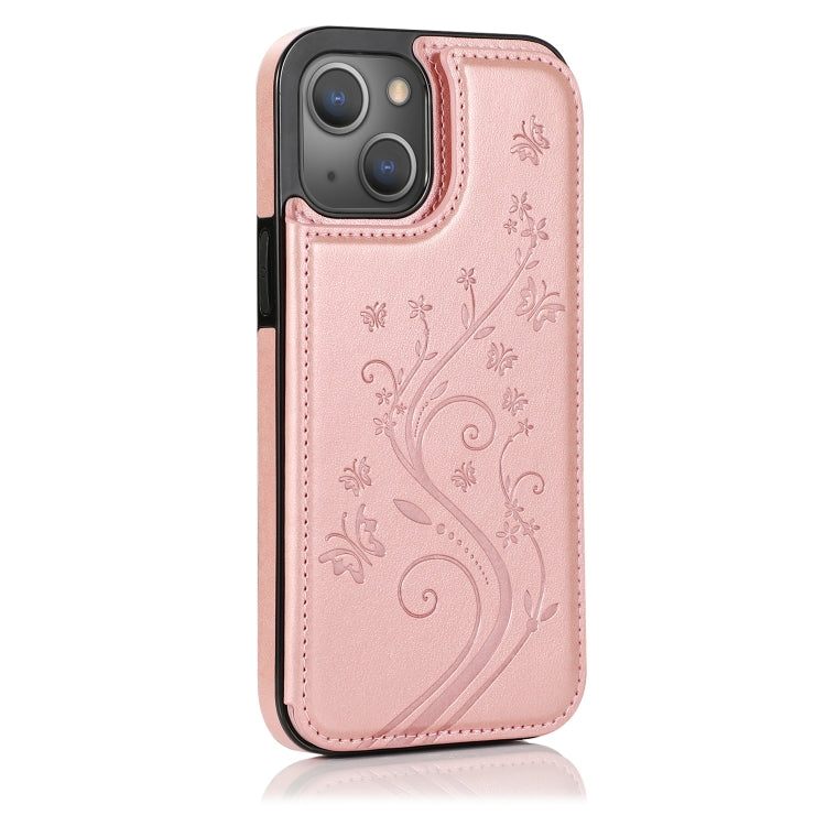 For iPhone 13 Butterflies Flowers Double Buckle PU + TPU Protective Case with Holder & Card Slots & Photo Frame