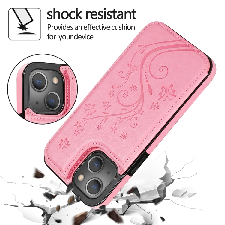 For iPhone 13 Butterflies Flowers Double Buckle PU + TPU Protective Case with Holder & Card Slots & Photo Frame