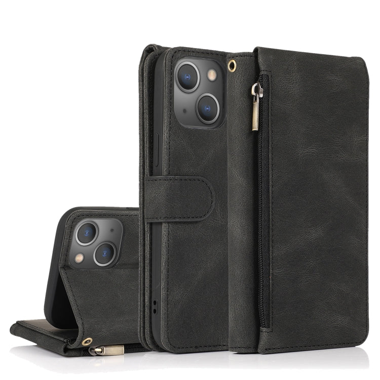 For iPhone 13 mini Skin-feel Crazy Horse Texture Zipper Wallet Bag Horizontal Flip Leather Case with Holder & Card Slots & Wallet & Lanyard