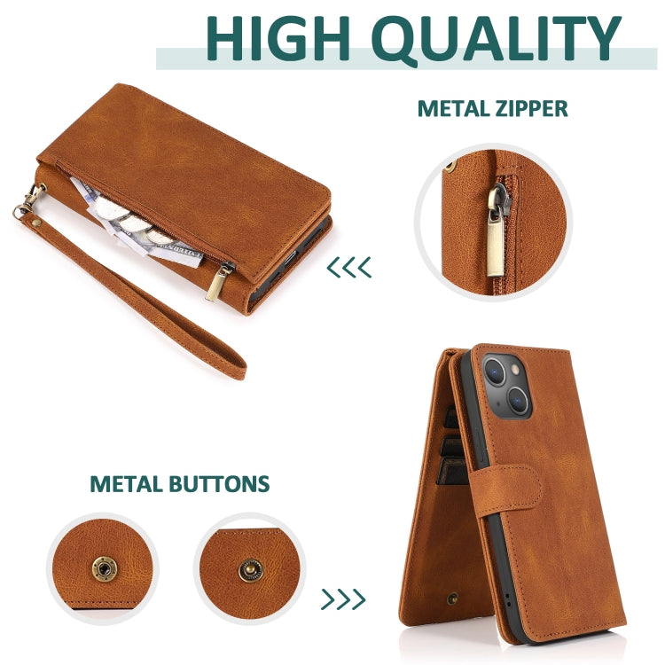 For iPhone 13 mini Skin-feel Crazy Horse Texture Zipper Wallet Bag Horizontal Flip Leather Case with Holder & Card Slots & Wallet & Lanyard