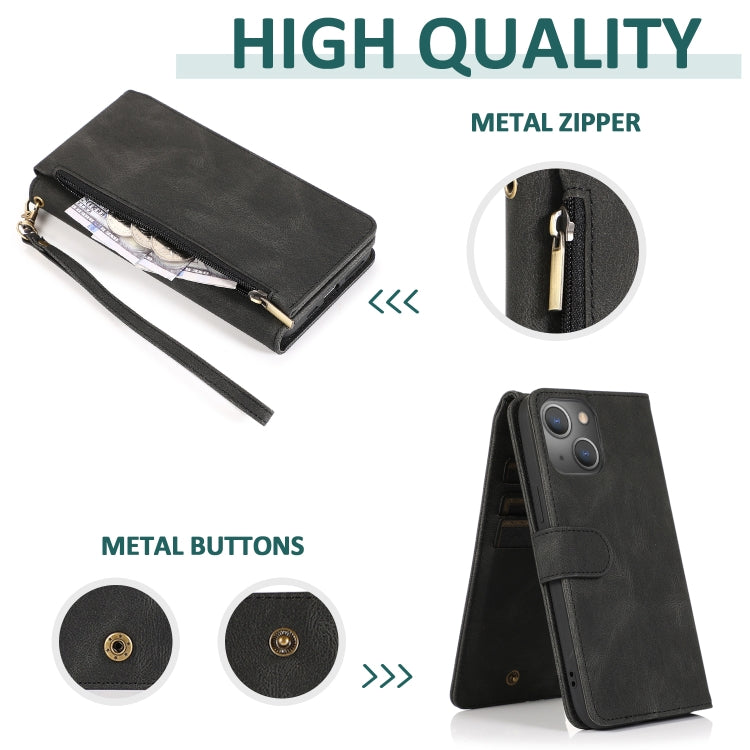 For iPhone 13 Pro Skin-feel Crazy Horse Texture Zipper Wallet Bag Horizontal Flip Leather Case with Holder & Card Slots & Wallet & Lanyard