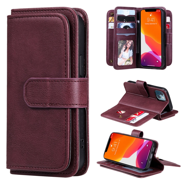 For iPhone 13 mini Multifunctional Magnetic Copper Buckle Horizontal Flip Solid Color Leather Case with 10 Card Slots & Wallet & Holder & Photo Frame